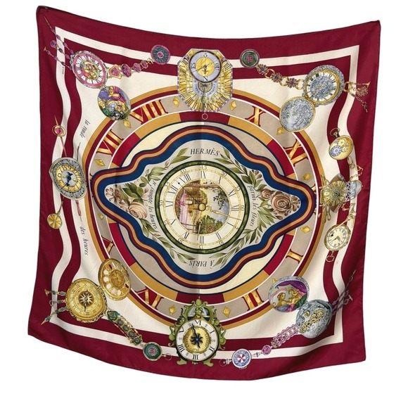 Hermes Accessories - Hermès Parmi les Fleurs Je Compte les Heures 90 Silk Scarf Burgundy Vintage